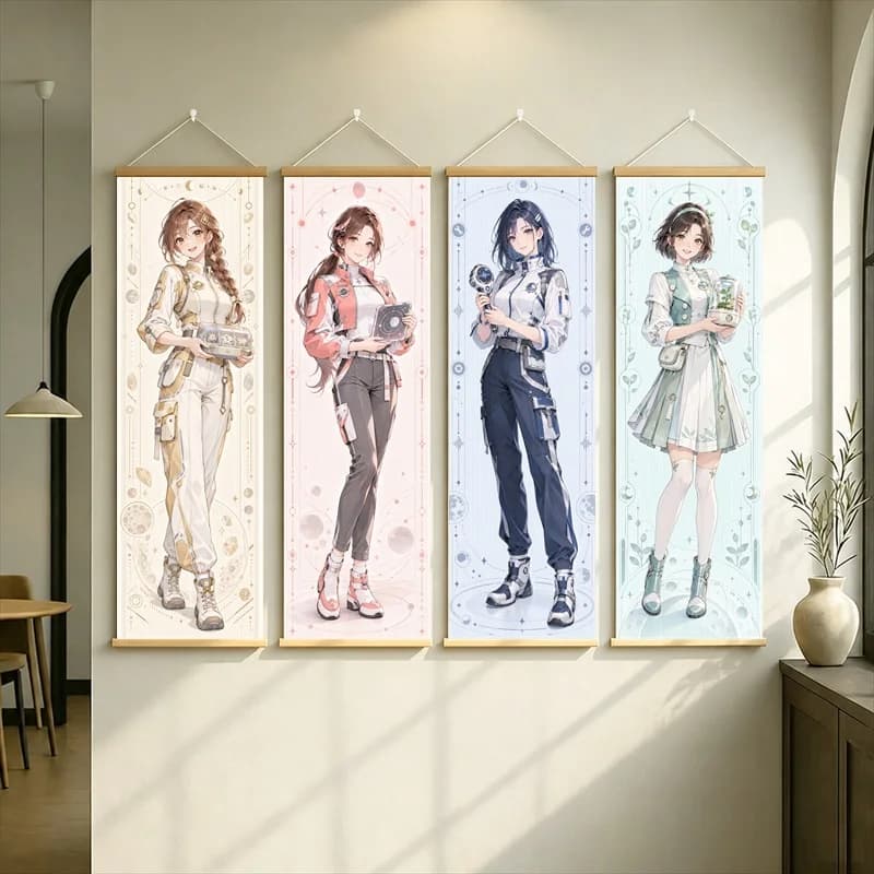 Anime Women in Cream, Pink, Navy and Mint Outfits Hanging Scroll with Soft Floral Illustration for a Cozy Reading Nook