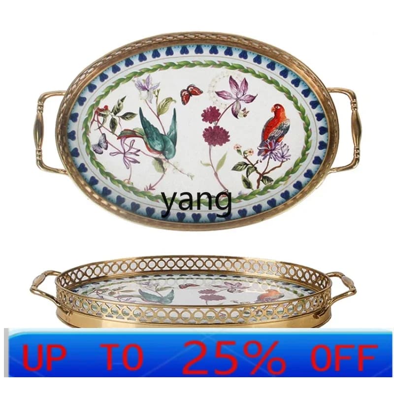 lmm  Idyllic Decoration Copper Edge Porcelain Plate Oval Tray Fruit Plate