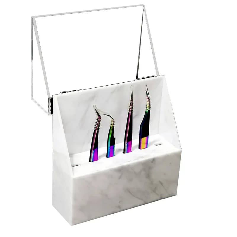 6-Hole eyelash tweezers storage rack for grafting eyelashes, acrylic storage box, dustproof marble pattern tweezers rack.
