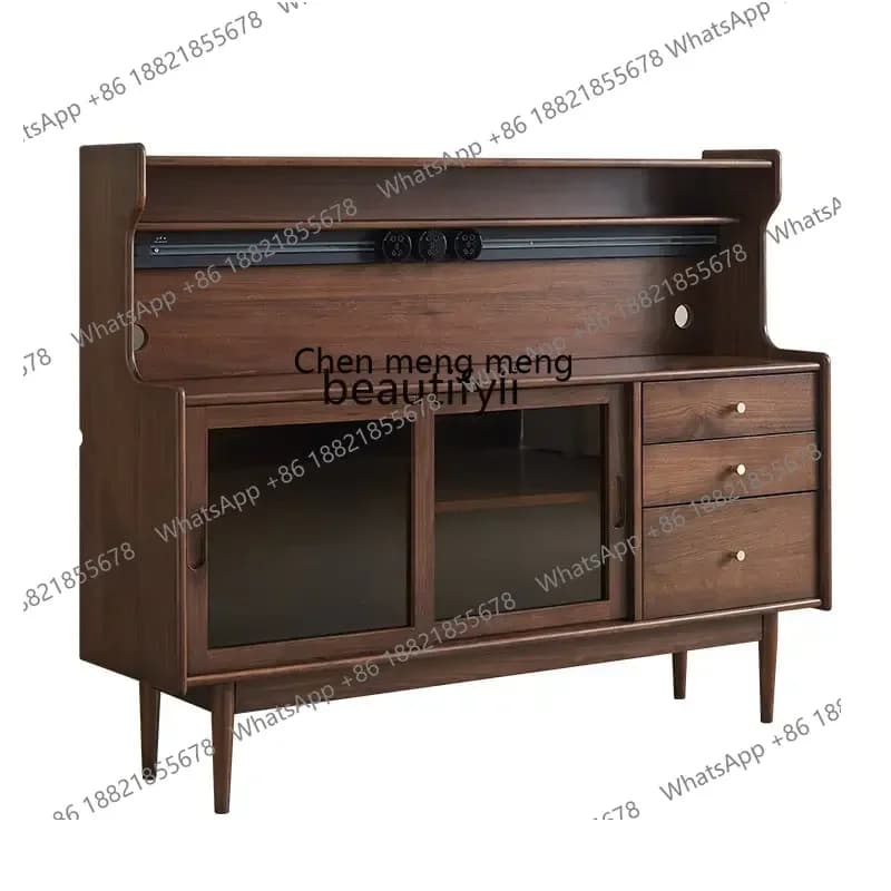 182C Nordic  Modern Solid Wood Sideboard Japanese Style Black Walnut Color Living Room Storage Wine Cabinet Tea Cabinet Bowl Cab