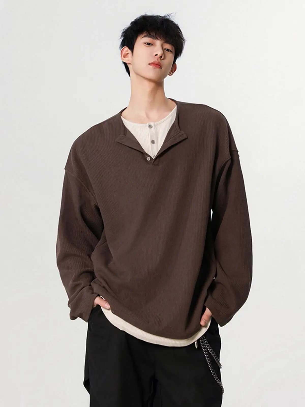 Men's Sweater Spring Vintage Fake Two Piece Henley Collar Long Sleeve T Shirt Loose Versatile Cool Casual Couples' Base Layer