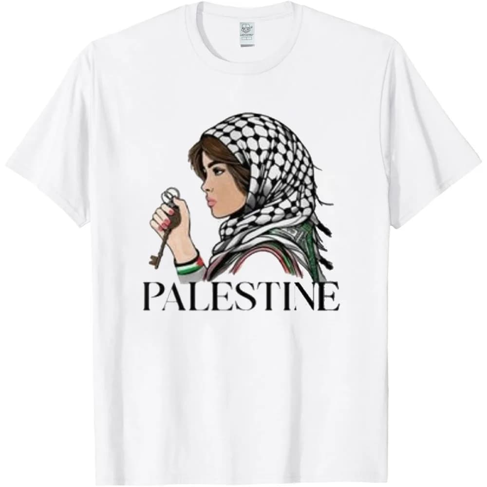 A Palestinian Girl with Keffiyeh in Head and Palestinian Key in Hand Printed T-shirt Tops Palestine T-shirt Street Fashion Tops