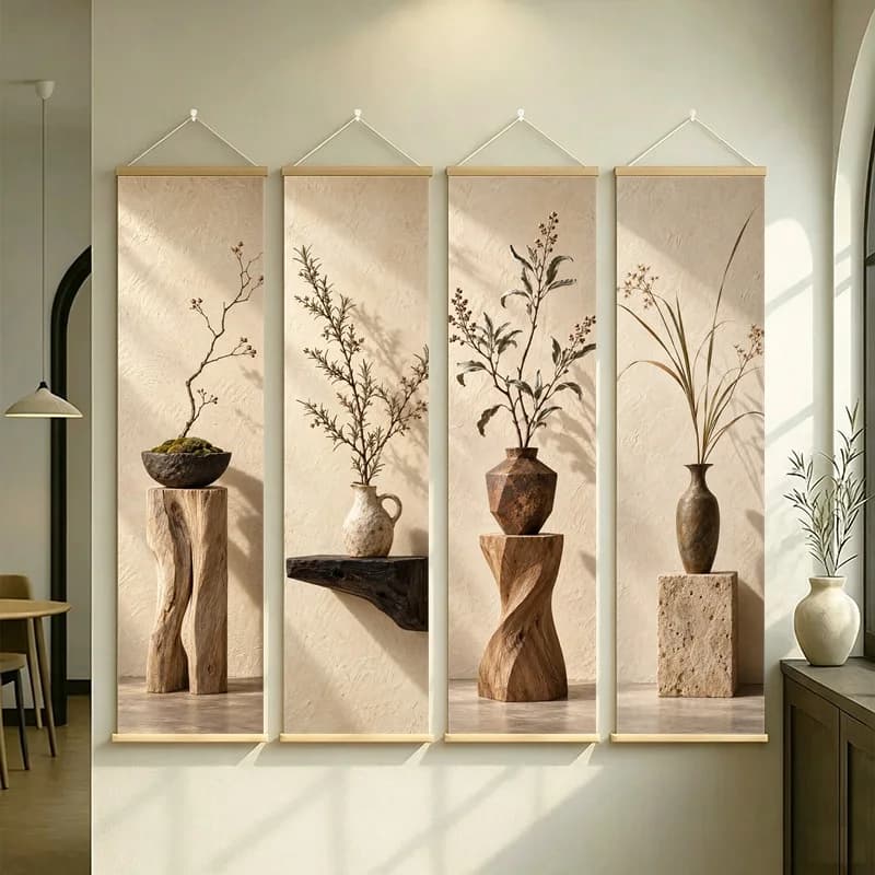 Wall Art Dried Rosemary and Dried Sage, Serene Wabi-Sabi Botanical Silver Shimmer Canvas Hanging Scroll for Spa Room Decor