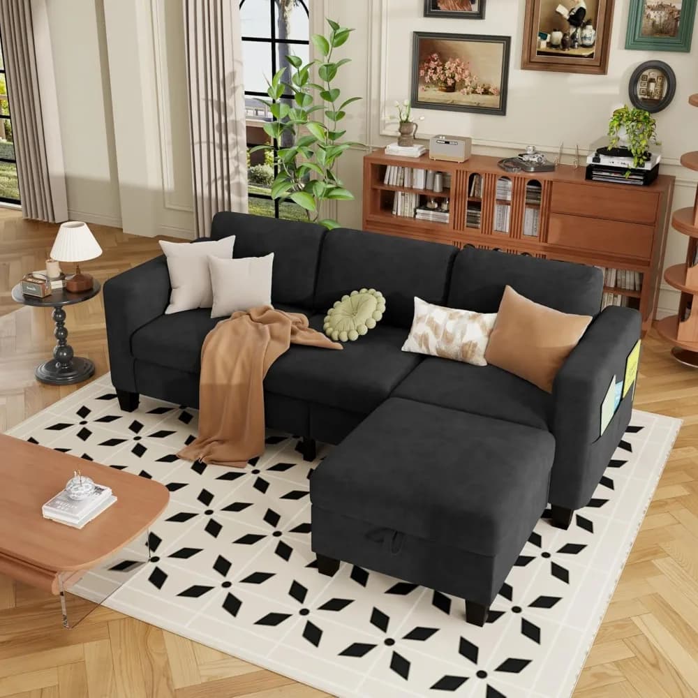 Sectional and Sofa Couches for Living Room - 78'' 3 Seater L-Shaped Modular Couch with Storage Ottoman - Modern Velevt Fabric