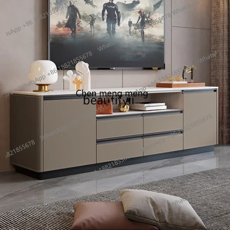 182C TV Cabinet Minimalist Modern Home Living Room Wall Stone Plate Floor Cabinet Saddle Leather Solid Wood TV Cabinet