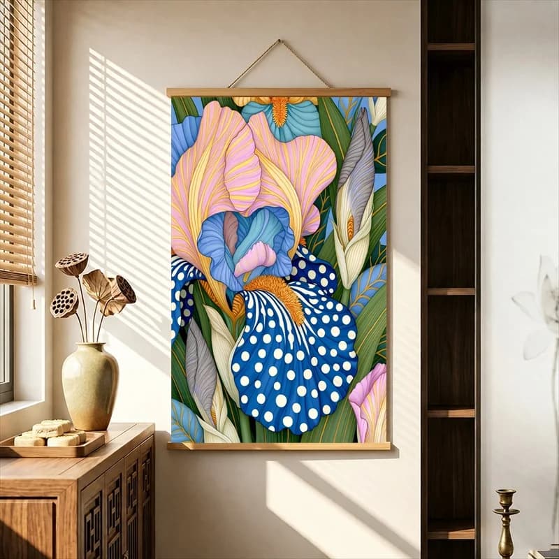 Wall Decorations Decorative Iris Flowers in Rich Colors, Pearlescent Canvas Hanging Scroll for Perfume Testing Zone Wall Decor