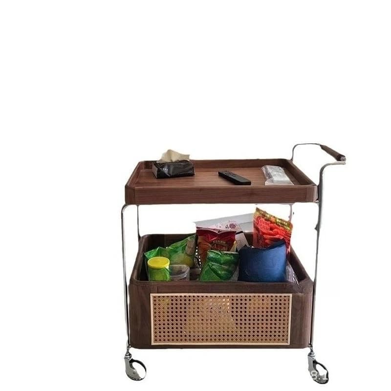 Retro mobile trolley, living room sofa balcony medieval solid wood storage rattan rack home trolley