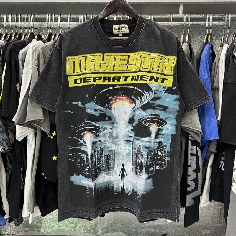 MAJESTIK Retro Technology Printed Washed Vintage Cross-border Trend Men's and Women's Loose Short-Sleeved T-Shirt