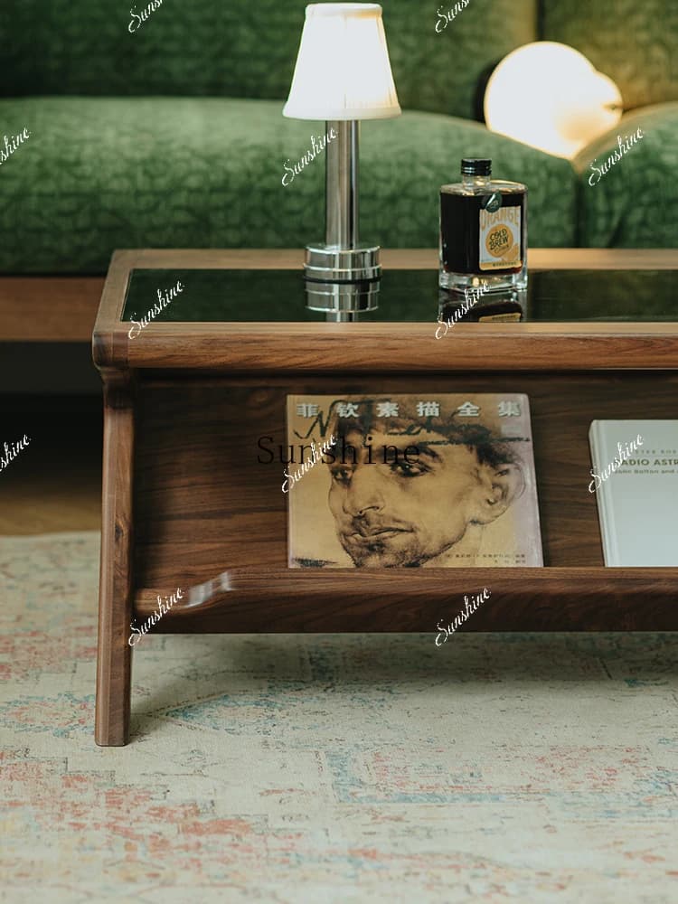 Black walnut solid wood coffee table living room home Nordic glass small apartment modern and simple  FT
