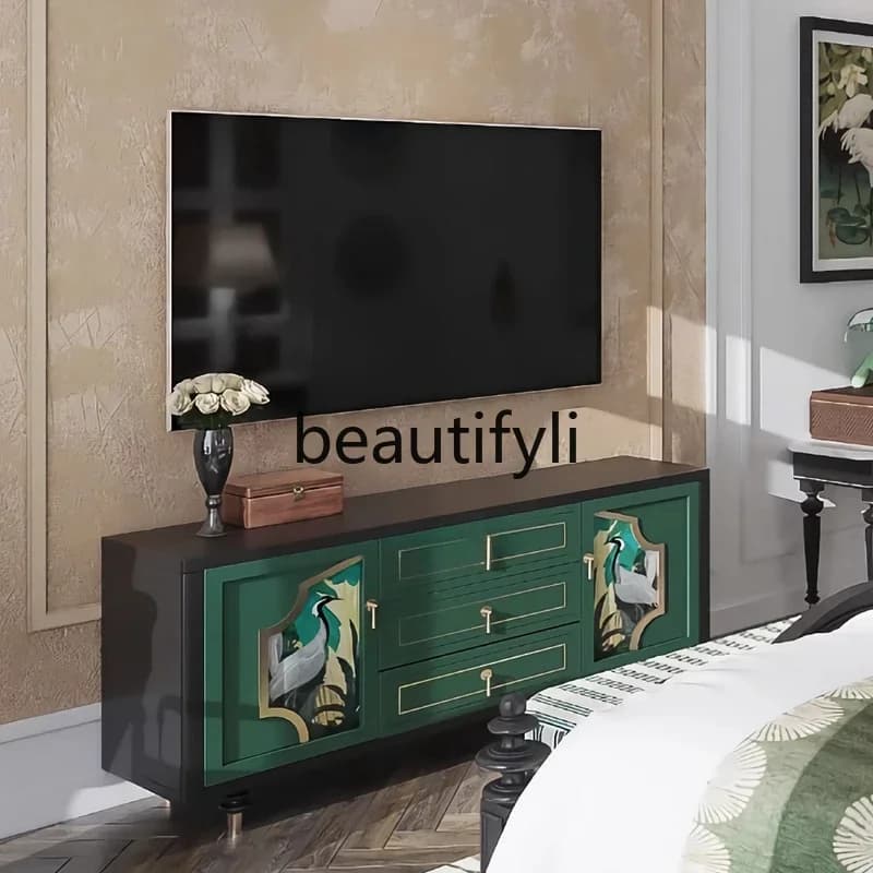Retro TV cabinet Solid wood light luxury high-end hand-painted living room side cabinet American entrance cabinetH