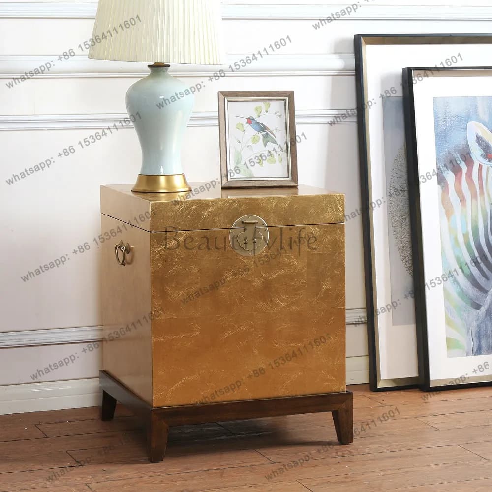 Vintage solid wood multifunctional storage box Chinese gilded foil antique box bedside table