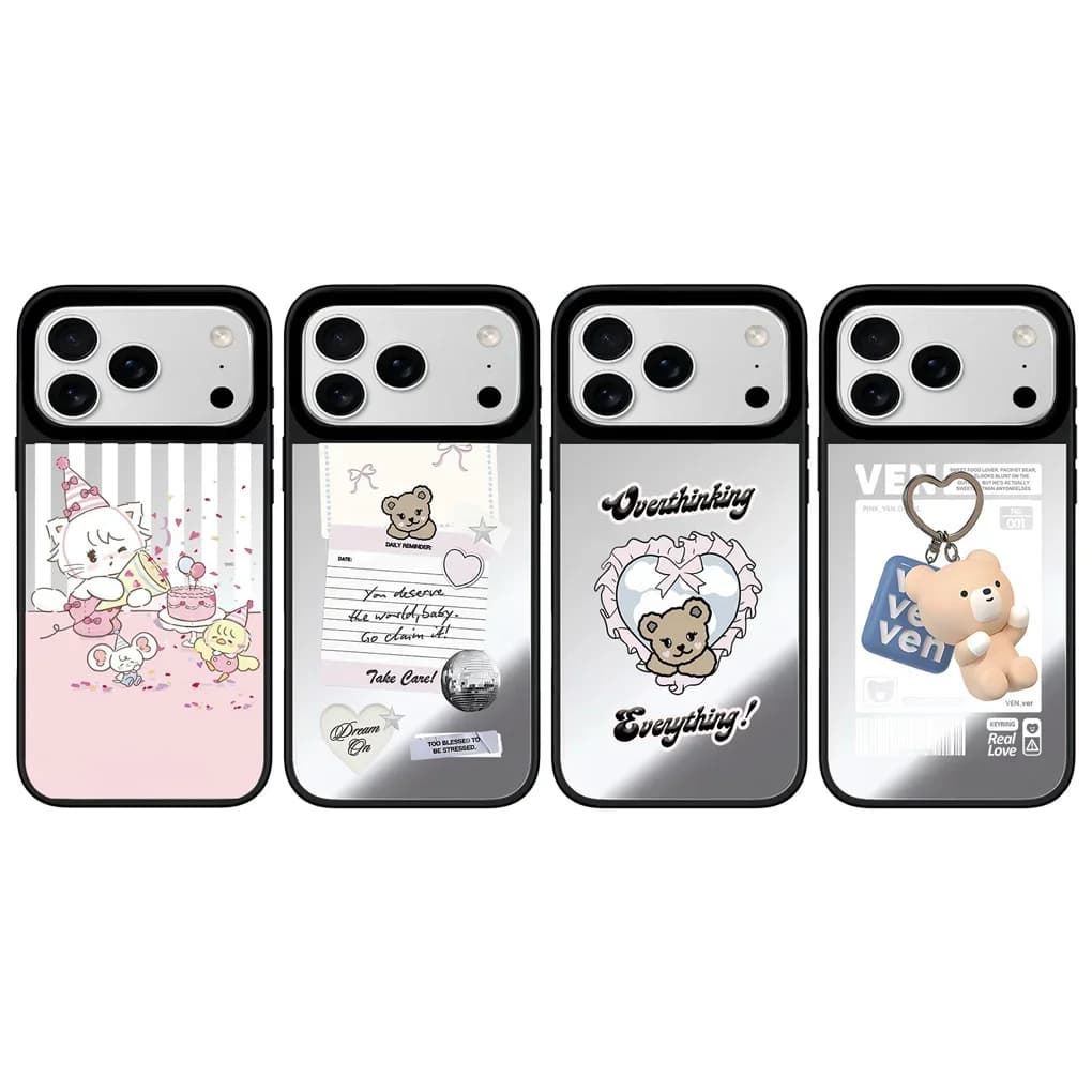 Bear Key Ring Mirror Surface Black Border Magnetic Phone Cases Cover for IPhone 12 13 14 15 16 17 Pro Max Cases