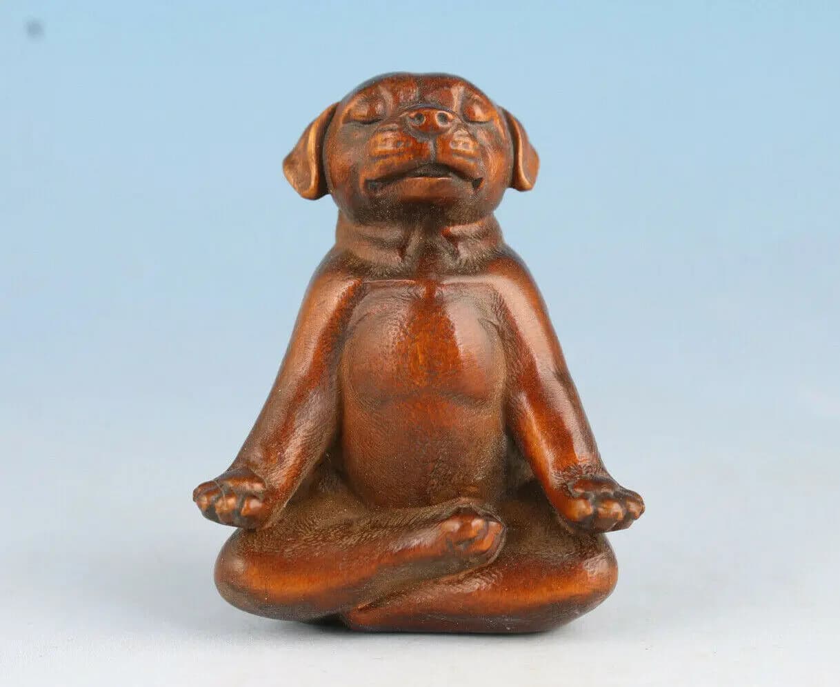 Japanese Boxwood Collectible Japanese Netsuke Vintage seat dog Statue figure