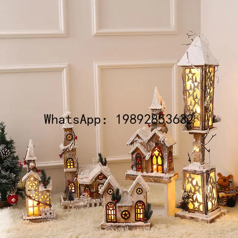 XL Christmas Decoration Glowing Snow Scene Small Wooden House Nordic Wooden Christmas Small House Desktop Ornament