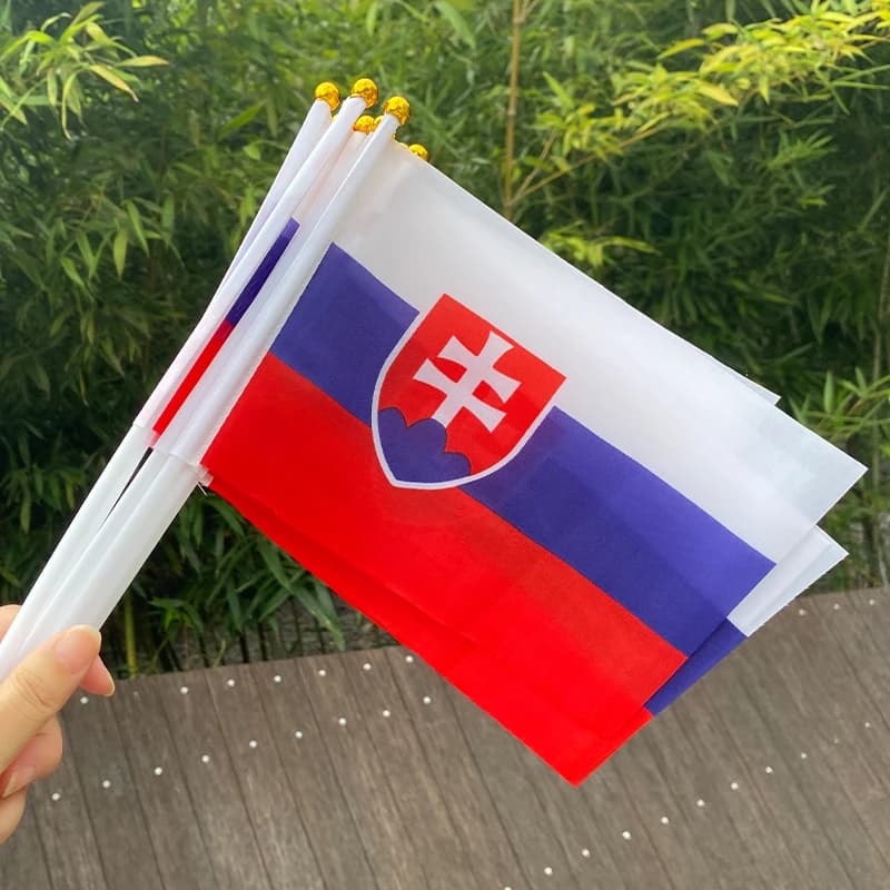 xvggdg  50pcs 14 * 21cm National Flag  Slovakia  hand  flags  with plastic flagpole Polyester Printing flag