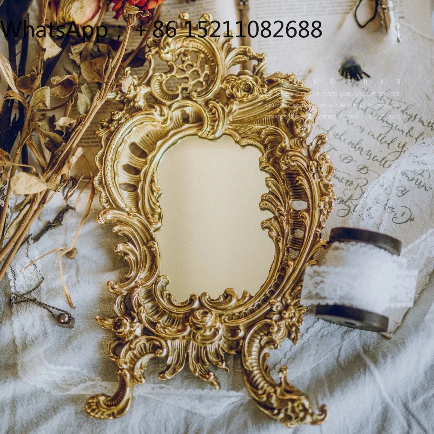 LLY retro carved brass makeup mirror, decorative desktop vanity mirror, home desktop ornament gifts