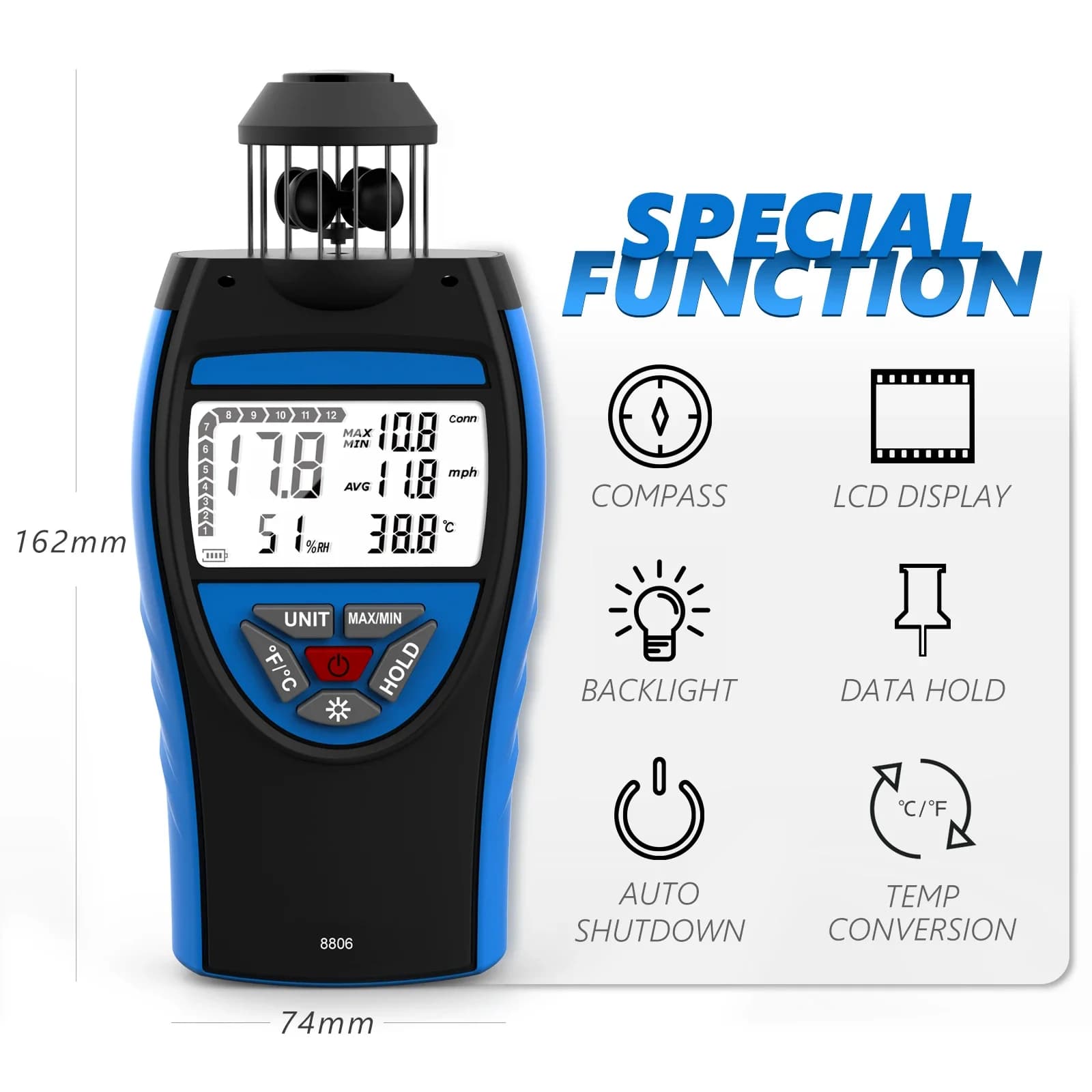Portable Digital Anemometer with Compass And Backlight Wind Speed Temperature Measurement Tool in Multiple HoldPeak