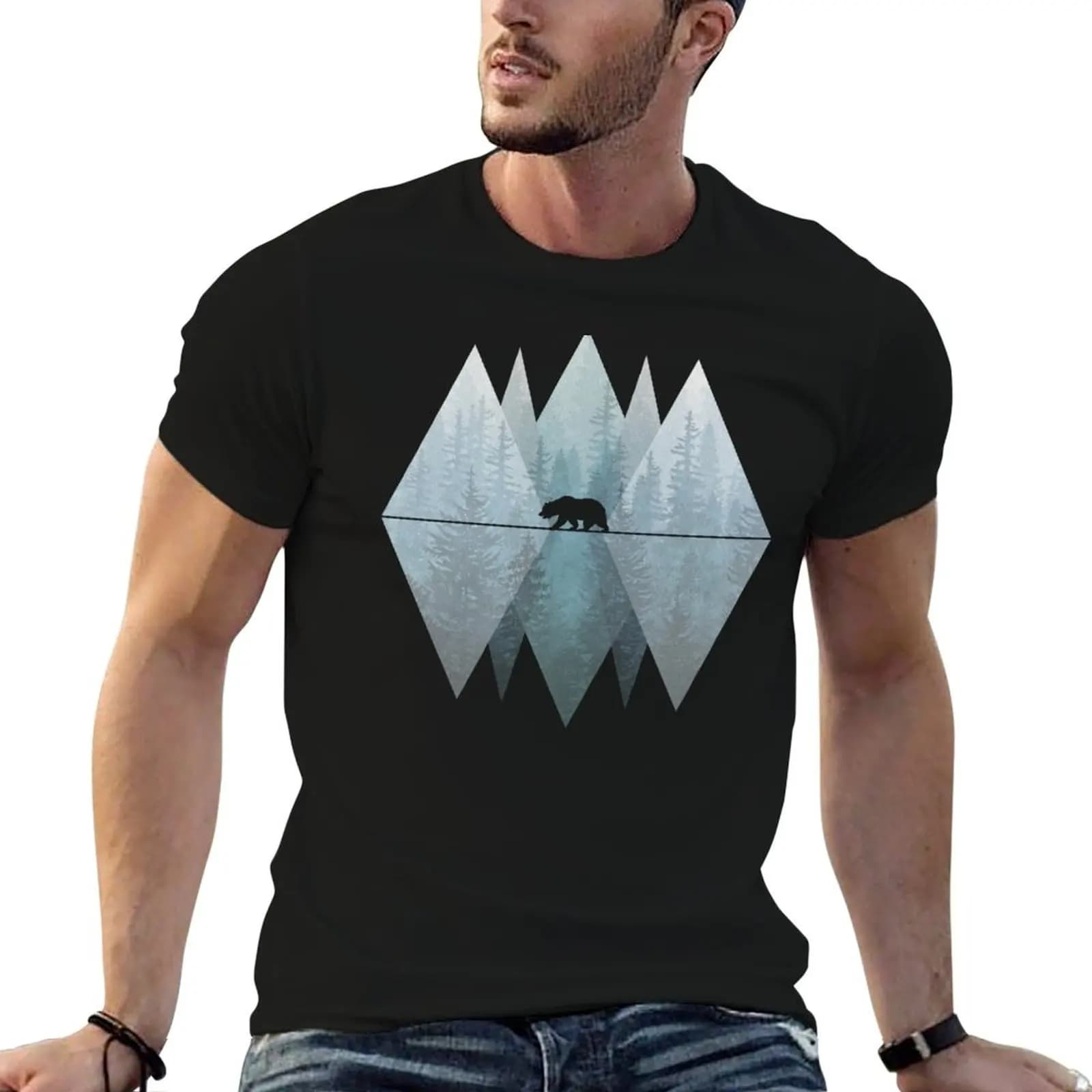 Misty Forest Mountain Bear T-Shirt Holiday Outdoor T-Shirt