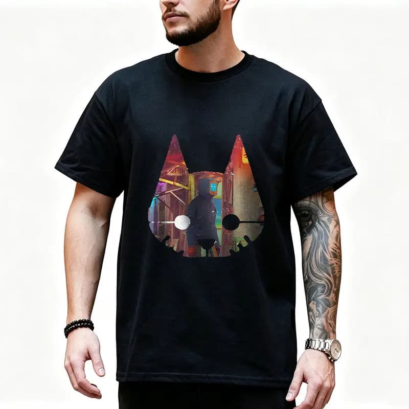 Stray Video Game Cat Graphic T‑Shirt O‑Neck Short Sleeve Unisex Tees Cyberpunk Stray Cat Print Casual Streetwear For Gamer Fans