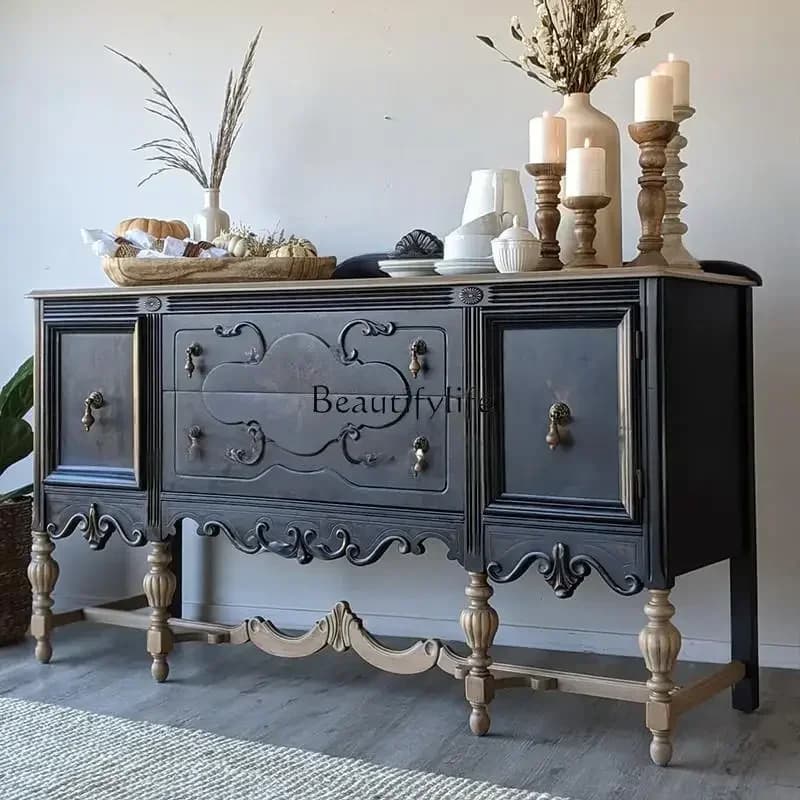 yj21  French Retro Solid Wood Entryway Cabinet High-End Sideboard American Country Style Black Storage Cabinet