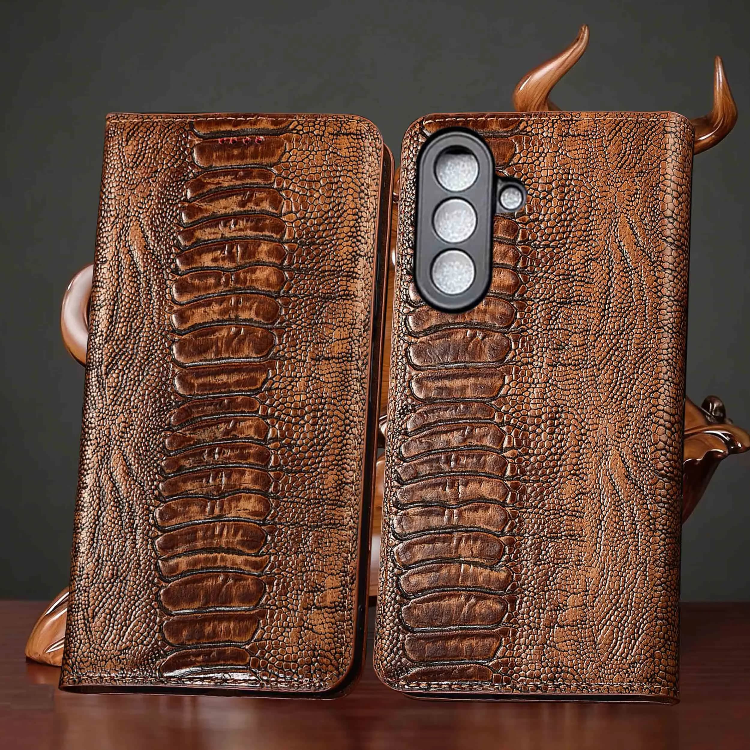 For Samsung A14 A15 A16 A24 A26 A34 A35 A36 A53 A54 A56 A73 4G 5G Ostrich Feet Pattern Genuine Leather Flip Phone Case Cowhide