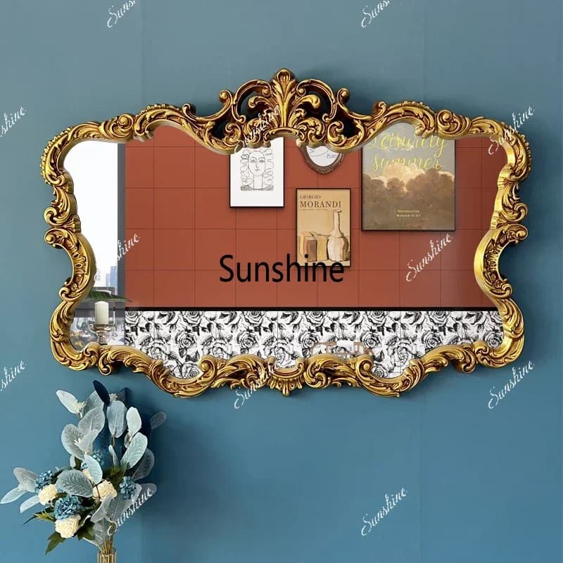 European Vintage Style Bathroom Wall Mirror with Carved Frame Luxury Vanity Mirror for Washroom Dressing Table Decor