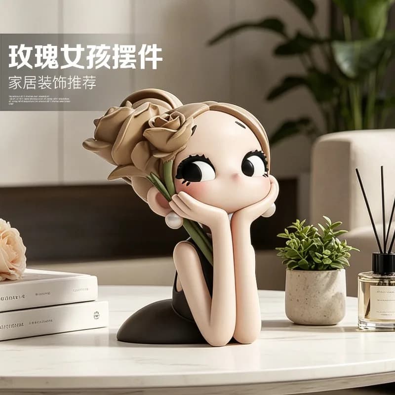CartoonGirl Desktop Ornament Character Rose Statue Home Decoration Exquisite Character Resin Sculpture Room Aesthetic Decoration
