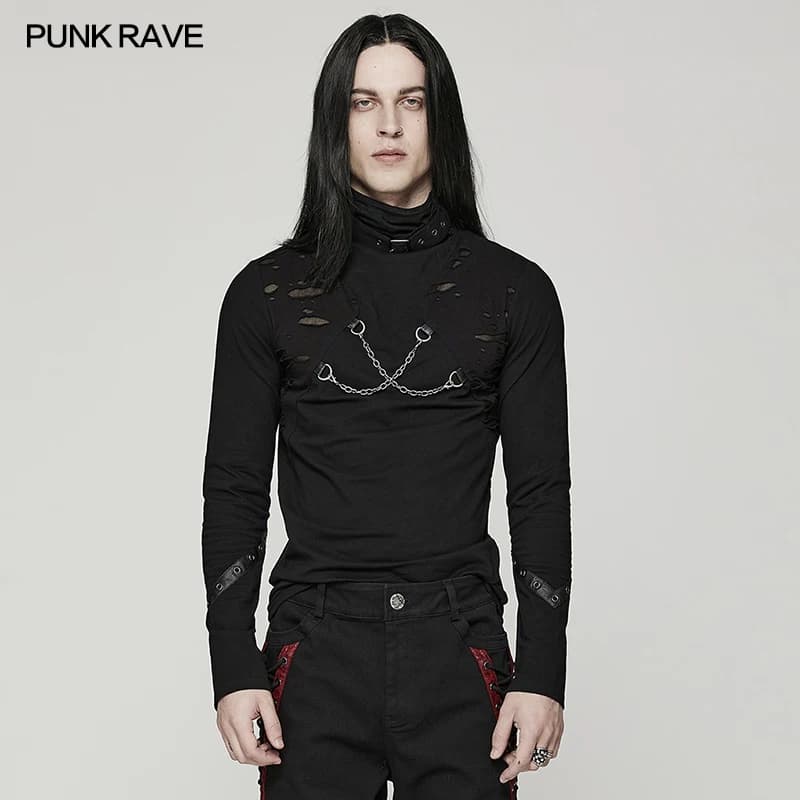 PUNK RAVE Men's Punk Daily Detachable Stand Collar T-shirt Personality Metal Chain Handsome Casual Tops Streetwear Sprin/Autumn