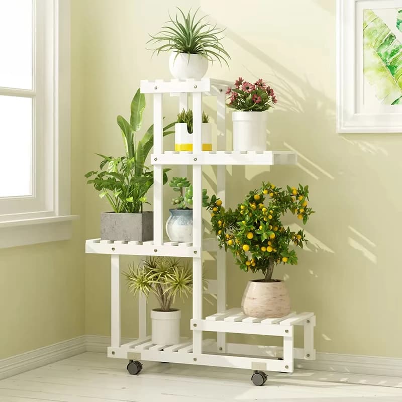European Style Multi-Tier Flower Stand, Solid Wood, Pot Holder for Living Room and Home Use, Chic Plant Display, White