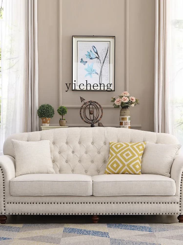 Country Style Fabric Sofa Small Apartment Cotton Linen Pull Nest Buckle Living Room Three-Seat Combination Furniture