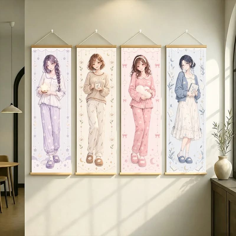 Anime Girls in Cozy Pajamas Hanging Scroll with Lavender, Cream, Pink and Blue Floral Borders for a Quiet Bedroom Retreat