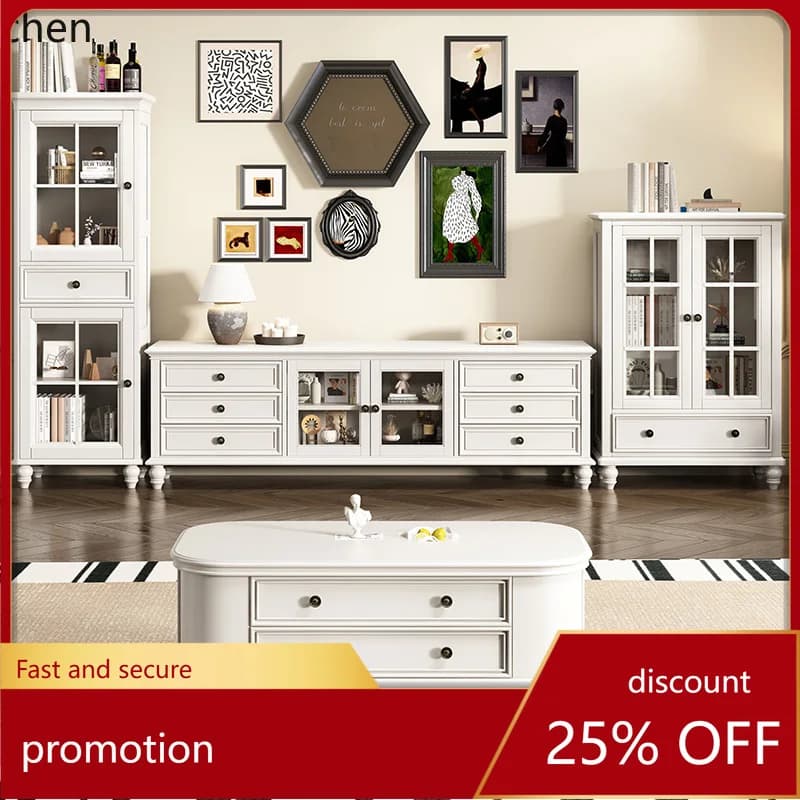 CZ Solid Wood Coffee Table and TV Cabinet Set Living Room Floor Cabinet Ivory White Tea Table