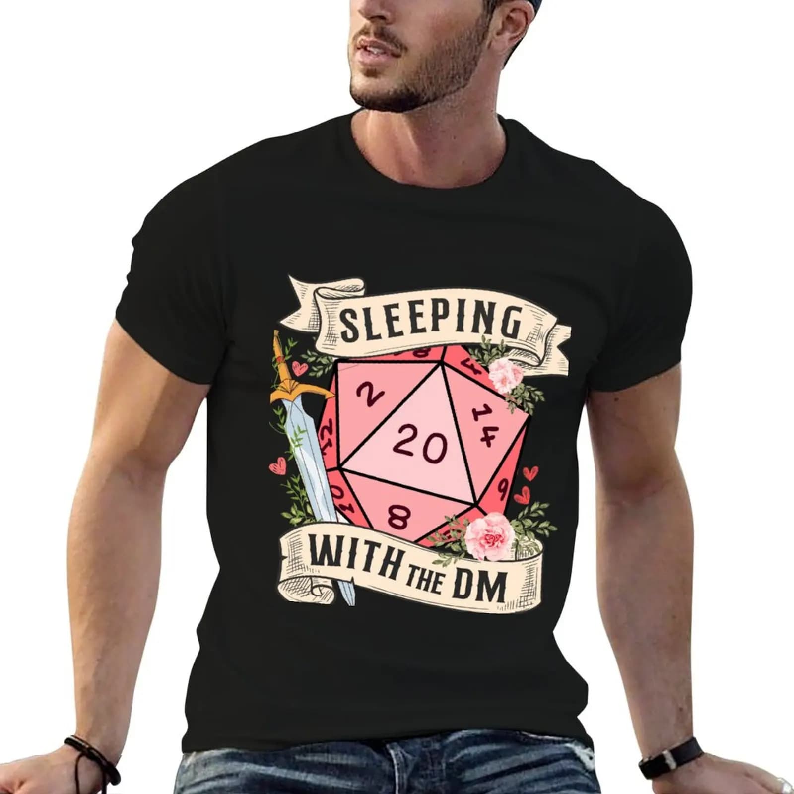 Sleeping With The Dungeon Master Cute D20 Dnd Dice With Flowers And Sword T-Shirt man t shirt cotton high quality T-Shirt