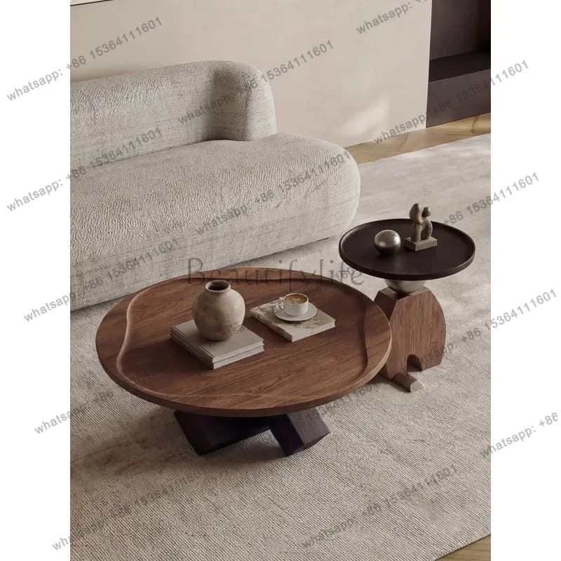 YJ Mid-Century Solid Wood Coffee Table Round Creative Geometric Design for Living Room Small Space