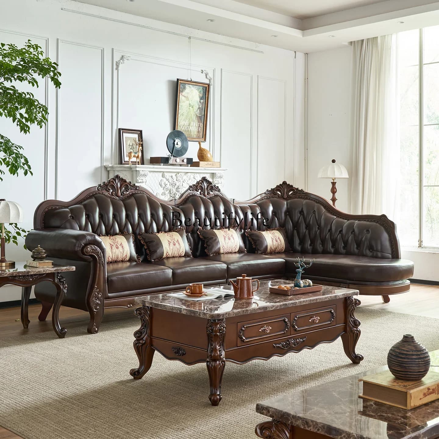 3European leather corner sofa concubine L-shaped solid wood carving flower high-end American retro