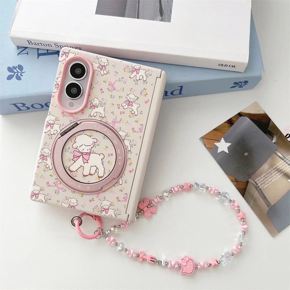 Kawaii Pastel Little Sheep Hard Case For Samsung Galaxy Z Fold 8 Flower Print Rotating Lamb Mirror Stand Pink Bow Phone Cover