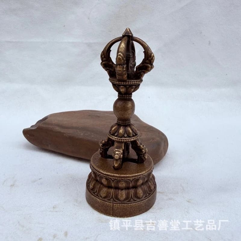 Antique Tibetan Nepalese five-pronged vajra scepter, puja instrument with base, decorative piece