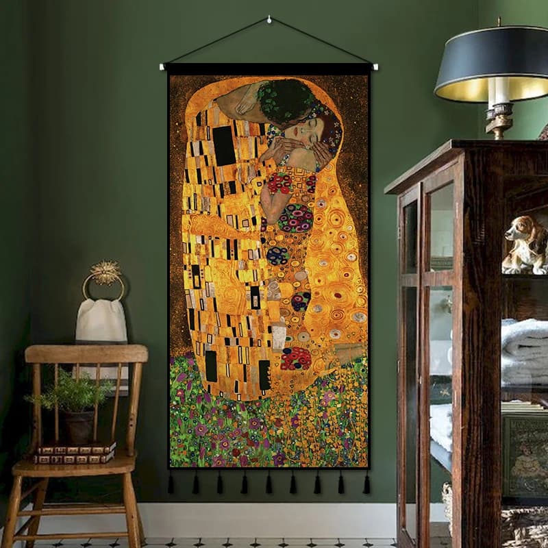 Gustav Klimt  The Kiss Abstract Art Tapestry Wall Hanging Canvas Fabric Decor for Bedroom Hallway Background Room Decoration