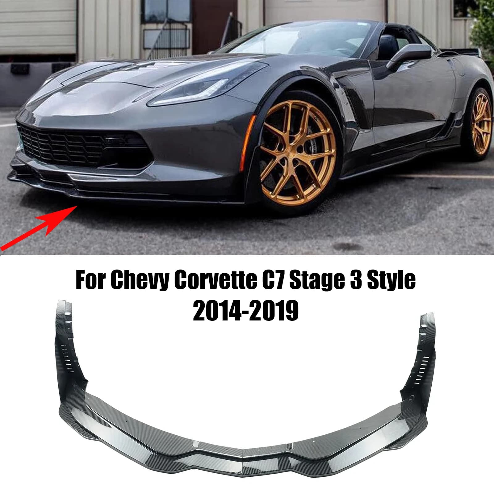 For 2014-2019 Chevy Corvette C7 Z06 Stingray Z51 Stage 3 Style Car Front Bumper Lip&Side Winglets Spoiler Splitter Glossy Black