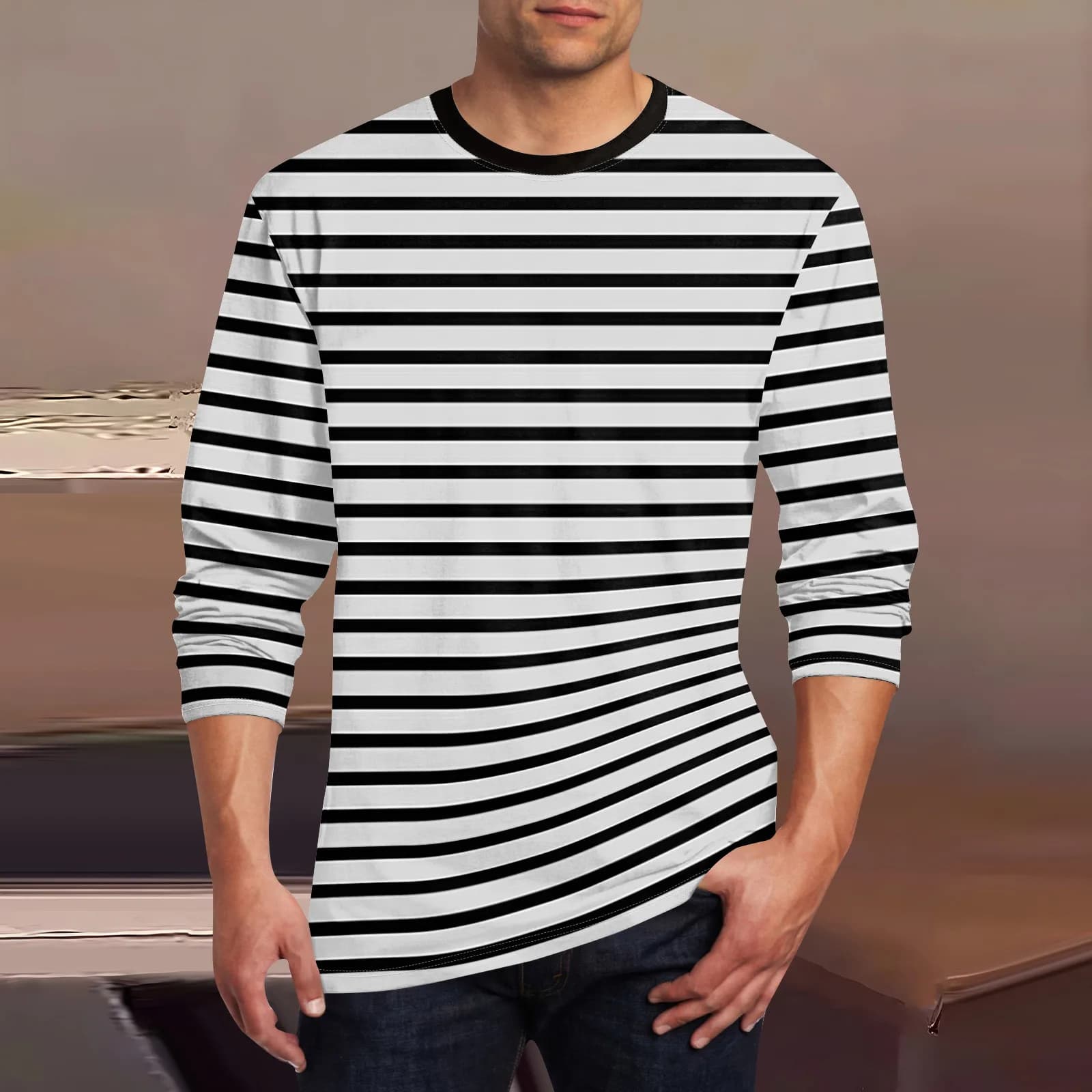 Mens Classic Simple Black and White Stripe Printed Mens T-shirt Fashion Cotton Long Sleeve T-shirt Casual O-neck SweaterLooseTop