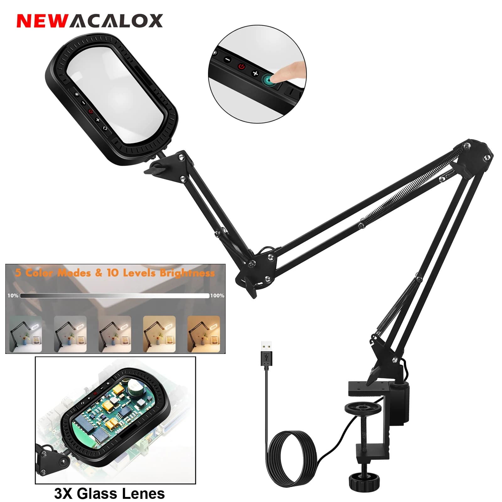 Rectangle 3X Illuminated Magnifier with Folding Flexible Arm LED Desk Lamp Magnifying Glass for DIY Soldering Repair Close Work