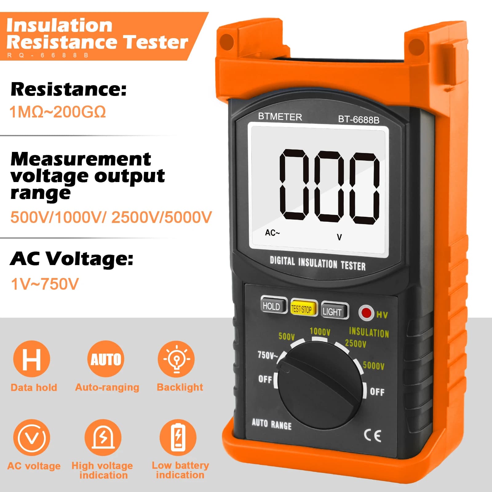 BTMETER Portable Digital Insulation Resistance Tester, Voltage Range Up To 5000V, BT-6688B Digital Dielectric Megohmmeter Tool