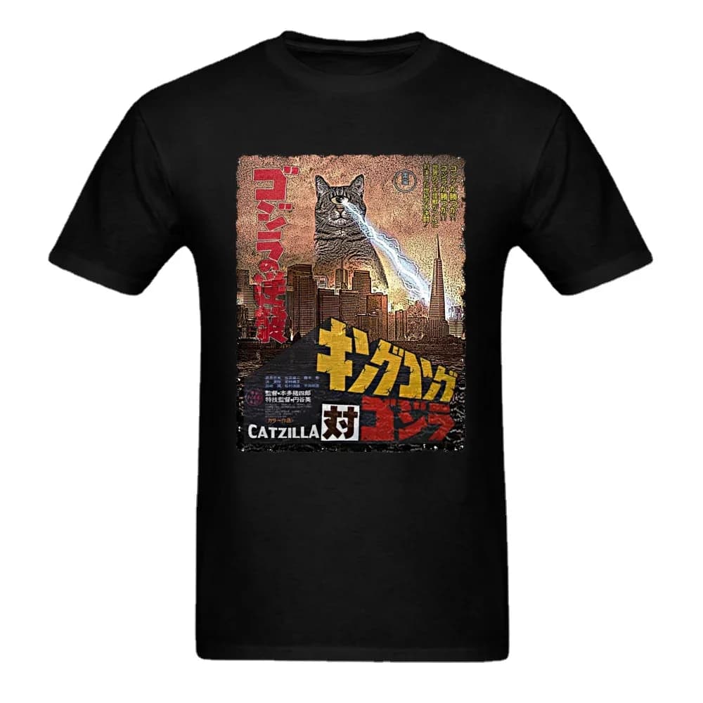 Funny Catzilla Cat Monster Attack Poster T-Shirt 100% Cotton O-Neck Short Sleeve Summer Casual Mens T-shirt Streetwear