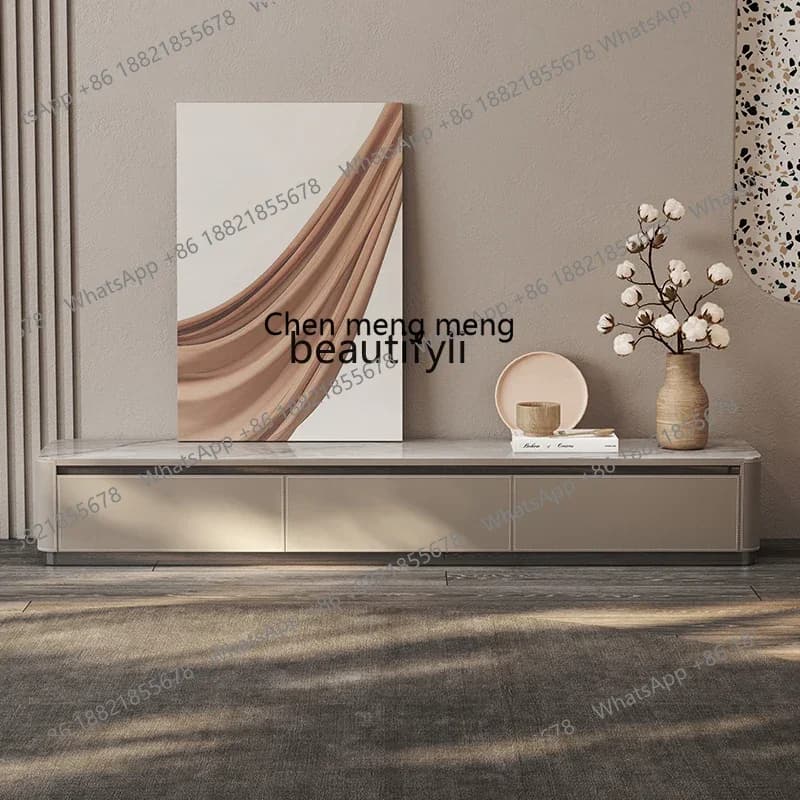 xzItalian saddle leather TV cabinet coffee table combination, solid wood floor cabinet living room rock slab furniture
