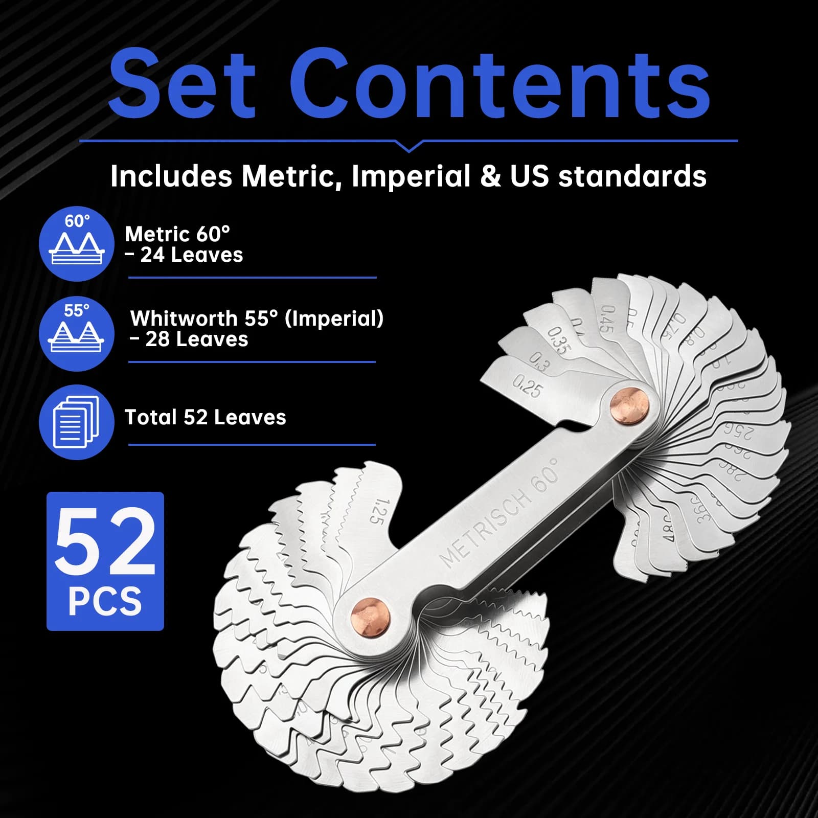 52 Pcs Blade Metal Nut Thread Pitch Gauge Stainless Steel Metric Whitworth 60 55 Degree Measuring Gage Screw Thread Pitch Gauge