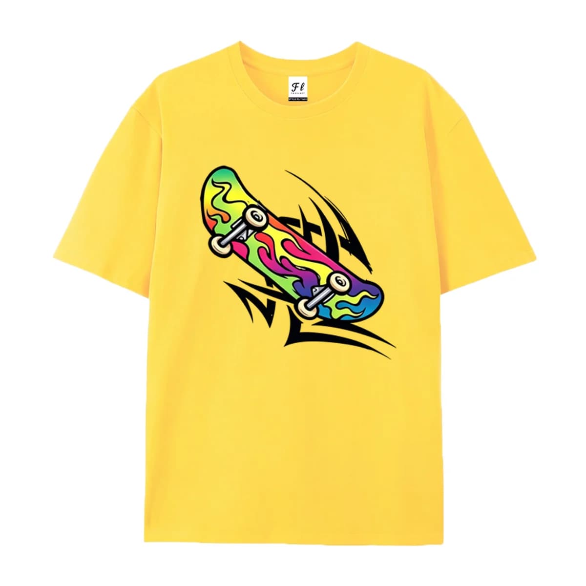 Rainbow Flame Skateboard Graffiti Graphic T Shirt Unisex Summer O Neck Short Sleeve Street Cool Skate Art Print Soft Cotton Tees