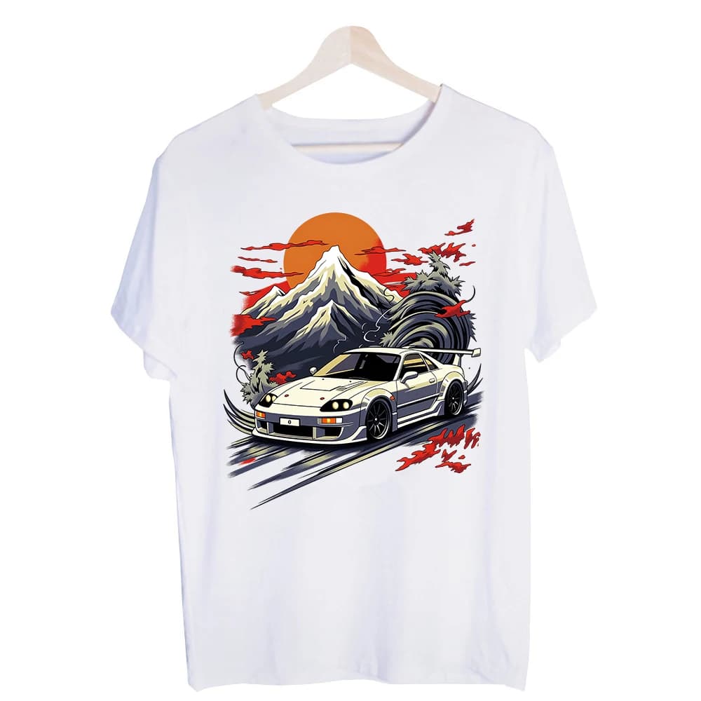Men's Racing Car and Mountain Graphic Tee, Short Sleeve Streetwear T-Shirt for Casual Summer Outfits