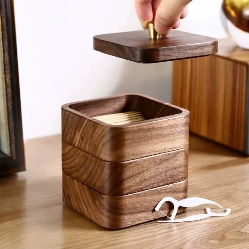 Multifunctional Portable Desktop Toothpick Box Blackwood Cover Dental Floss Box Reusable Durable Cotton Swab Jar Home