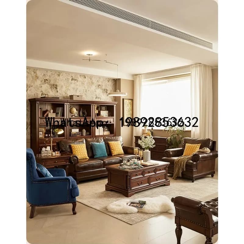 HYS   New Classical Teak Solid Wood Long Coffee Table Living Room Furniture with Drawers