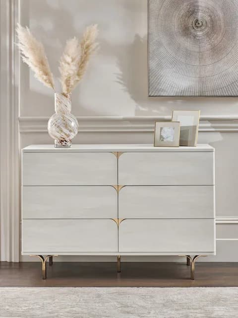 xx-Modern White Wooden  of Drawer with 6 Drawers Storage Curved Edge Design Iron Legs Wooden Cabinet Sideboard for Living Room*
